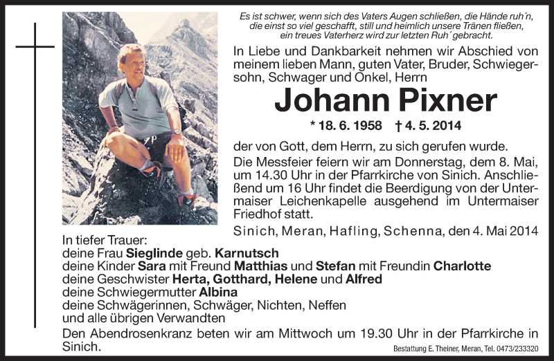  Traueranzeige für Johann Pixner vom 07.05.2014 aus Dolomiten