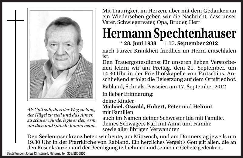  Traueranzeige für Hermann Spechtenhauser vom 19.09.2012 aus Dolomiten