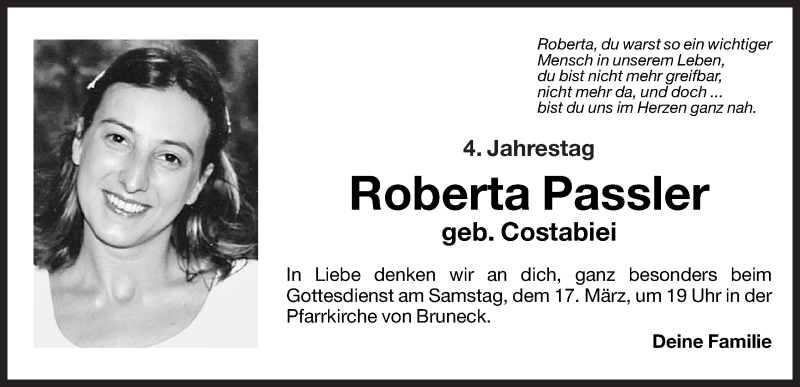  Traueranzeige für Roberta Passler vom 14.03.2012 aus Dolomiten