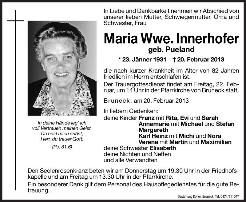  Traueranzeige für Maria Innerhofer vom 21.02.2013 aus Dolomiten