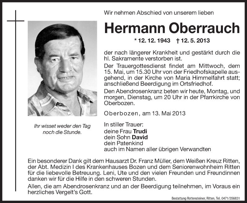  Traueranzeige für Hermann Oberrauch vom 13.05.2013 aus Dolomiten