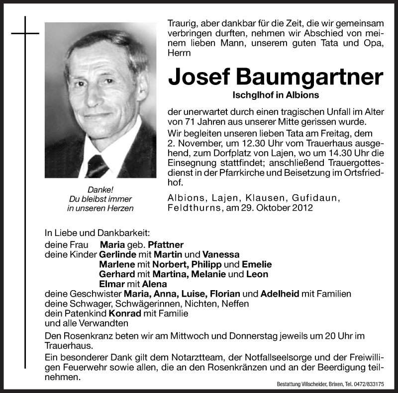  Traueranzeige für Josef Baumgartner vom 31.10.2012 aus Dolomiten