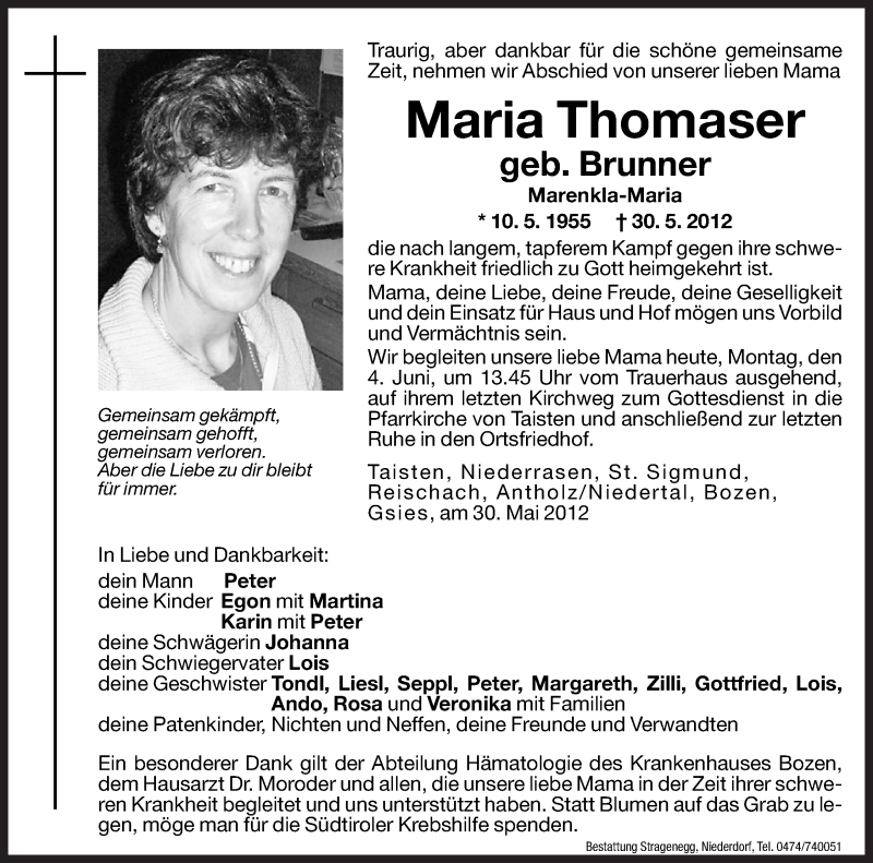 Traueranzeige für Maria Thomaser vom 04.06.2012 aus Dolomiten
