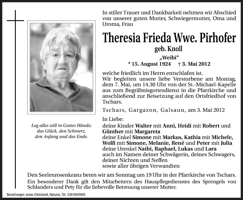  Traueranzeige für Theresia Frieda Pirhofer vom 05.05.2012 aus Dolomiten