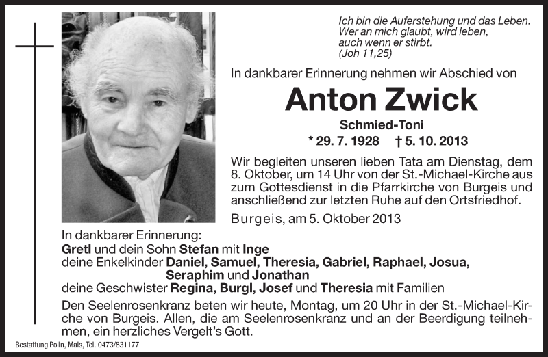  Traueranzeige für Anton Zwick vom 07.10.2013 aus Dolomiten