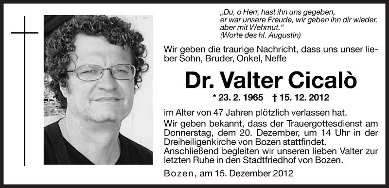  Traueranzeige für Valter Cicalò vom 18.12.2012 aus Dolomiten