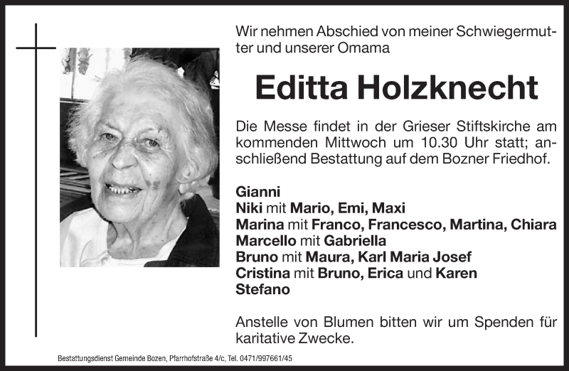  Traueranzeige für Editta Holzknecht vom 11.06.2013 aus Dolomiten