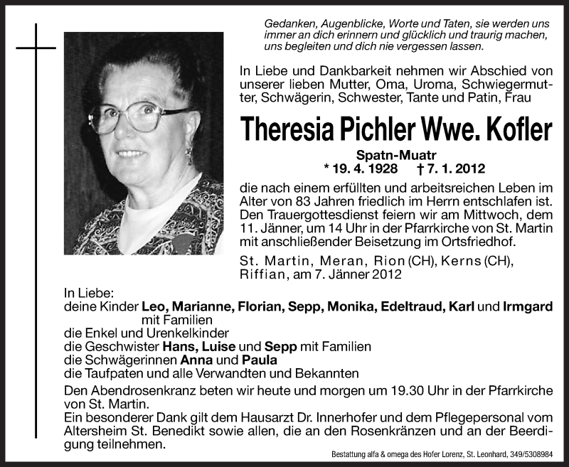  Traueranzeige für Theresia Kofler vom 09.01.2012 aus Dolomiten