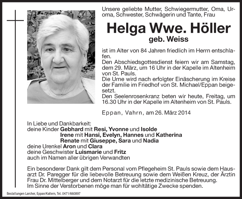  Traueranzeige für Helga Höller vom 28.03.2014 aus Dolomiten