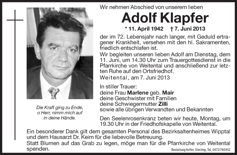  Traueranzeige für Adolf Klapfer vom 10.06.2013 aus Dolomiten