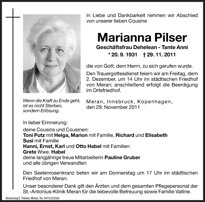  Traueranzeige für Marianna Pilser vom 30.11.2011 aus Dolomiten