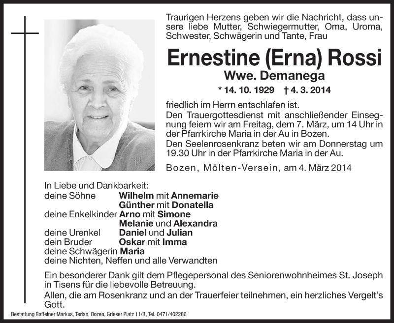  Traueranzeige für Ernestine (Erna) Demanega vom 05.03.2014 aus Dolomiten