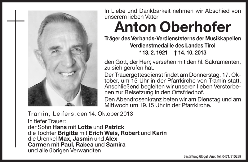  Traueranzeige für Anton Oberhofer vom 15.10.2013 aus Dolomiten