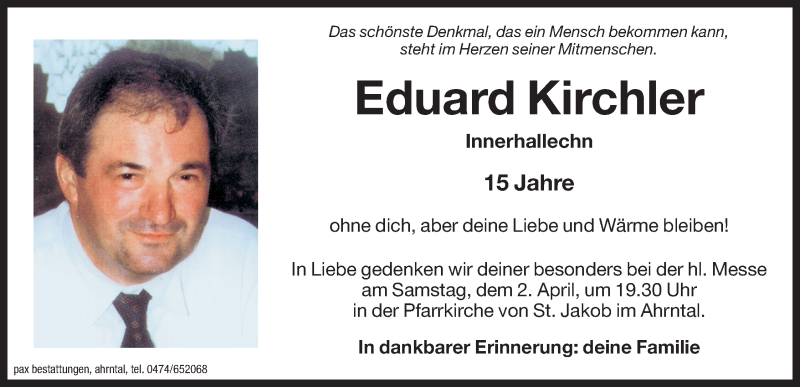  Traueranzeige für Eduard Kirchler vom 04.01.2016 aus Dolomiten