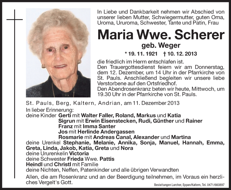  Traueranzeige für Maria Scherer vom 11.12.2013 aus Dolomiten