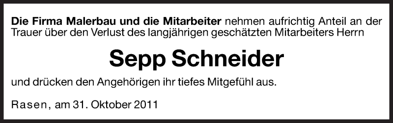  Traueranzeige für Sepp Schneider vom 31.10.2011 aus Dolomiten