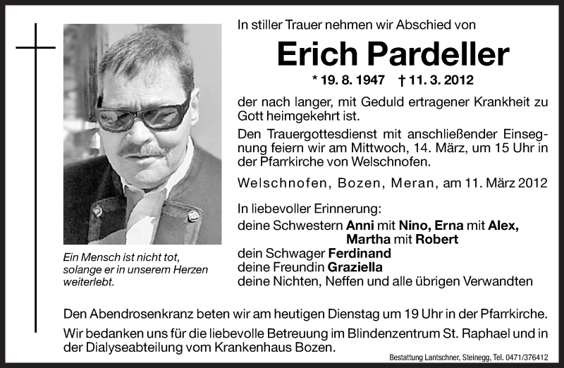  Traueranzeige für Erich Pardeller vom 13.03.2012 aus Dolomiten