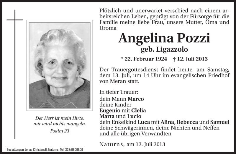  Traueranzeige für Angelina Pozzi vom 13.07.2013 aus Dolomiten