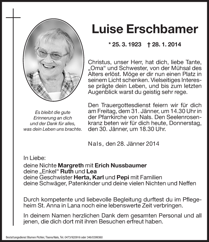  Traueranzeige für Luise Erschbamer vom 30.01.2014 aus Dolomiten