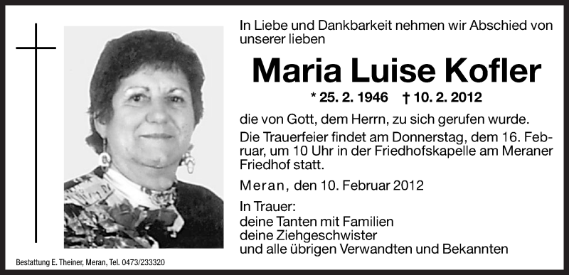  Traueranzeige für Maria Luise Kofler vom 14.02.2012 aus Dolomiten