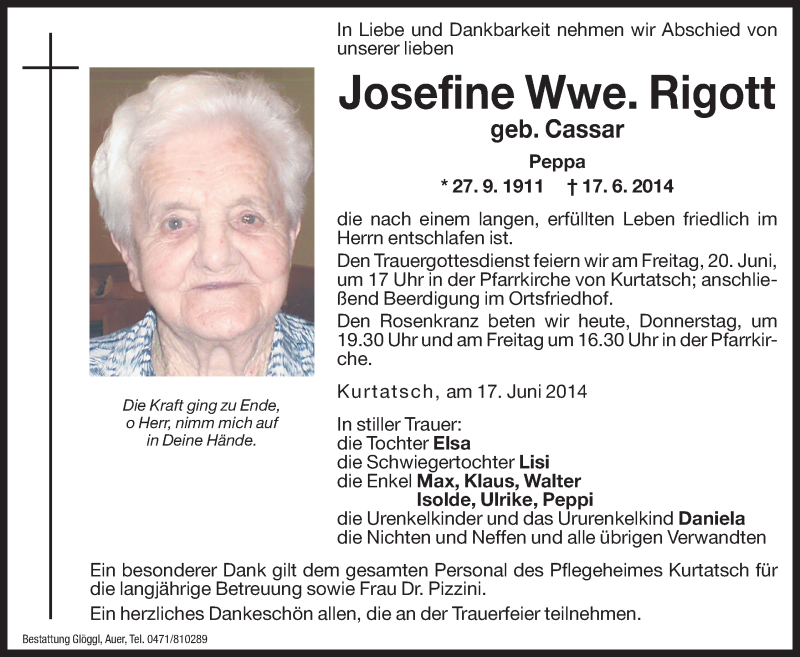  Traueranzeige für Josefine Rigott vom 19.06.2014 aus Dolomiten