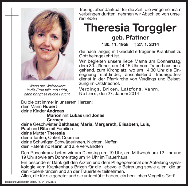  Traueranzeige für Theresia Torggler vom 28.01.2014 aus Dolomiten