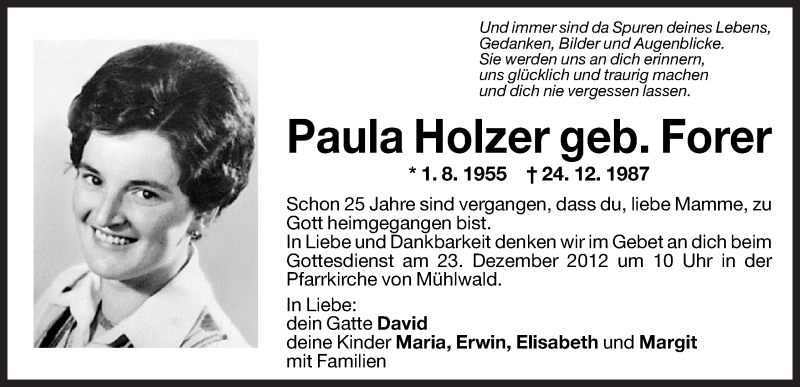  Traueranzeige für Paula Holzer vom 21.12.2012 aus Dolomiten