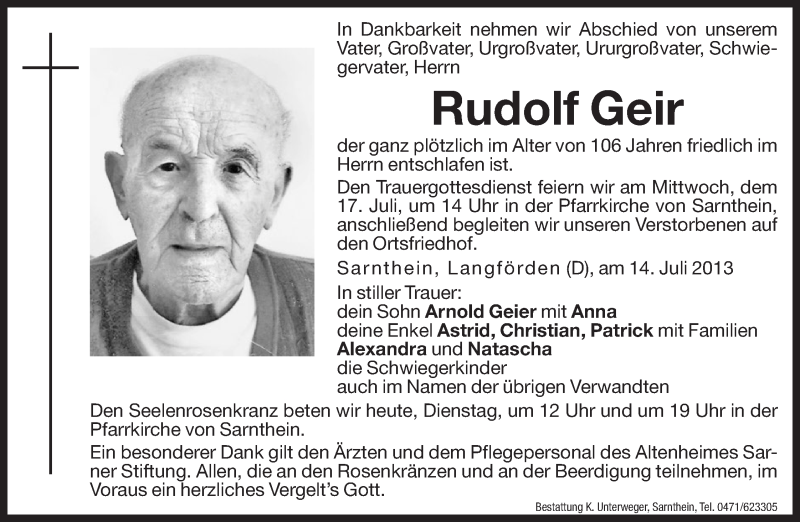  Traueranzeige für Rudolf Geir vom 16.07.2013 aus Dolomiten