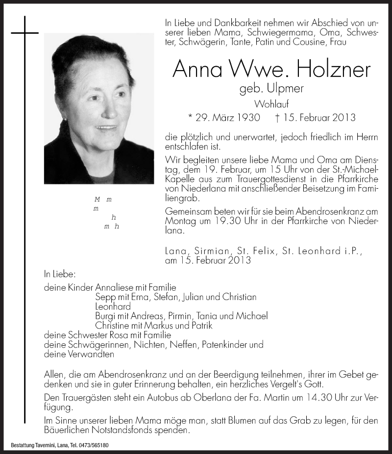  Traueranzeige für Anna Holzner vom 18.02.2013 aus Dolomiten