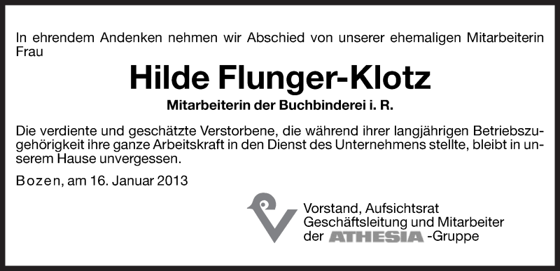  Traueranzeige für Hilde Flunger-Klotz vom 17.01.2013 aus Dolomiten