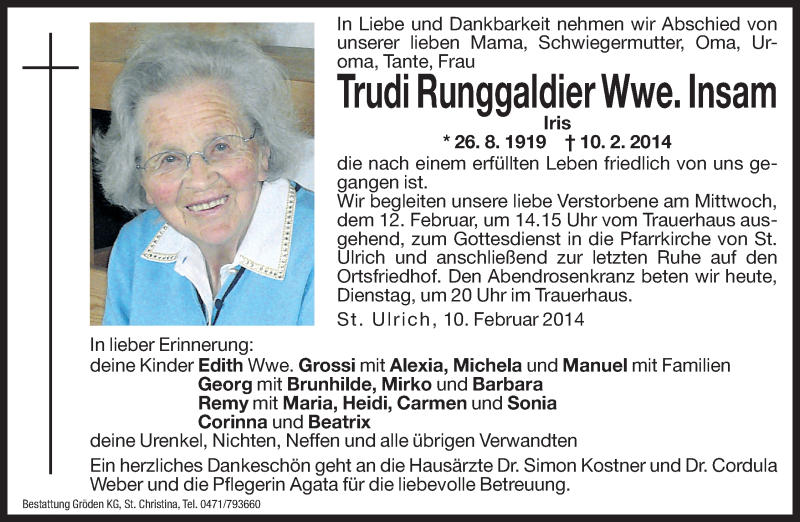  Traueranzeige für Trudi Insam vom 11.02.2014 aus Dolomiten