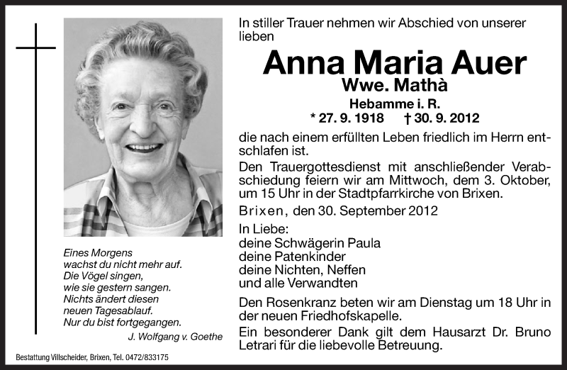  Traueranzeige für Anna Maria Matha vom 02.10.2012 aus Dolomiten