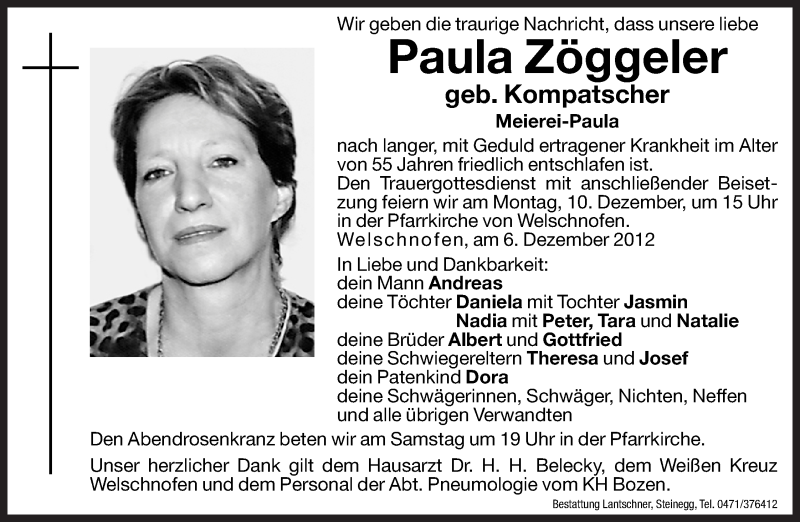  Traueranzeige für Paula Zöggeler vom 07.12.2012 aus Dolomiten