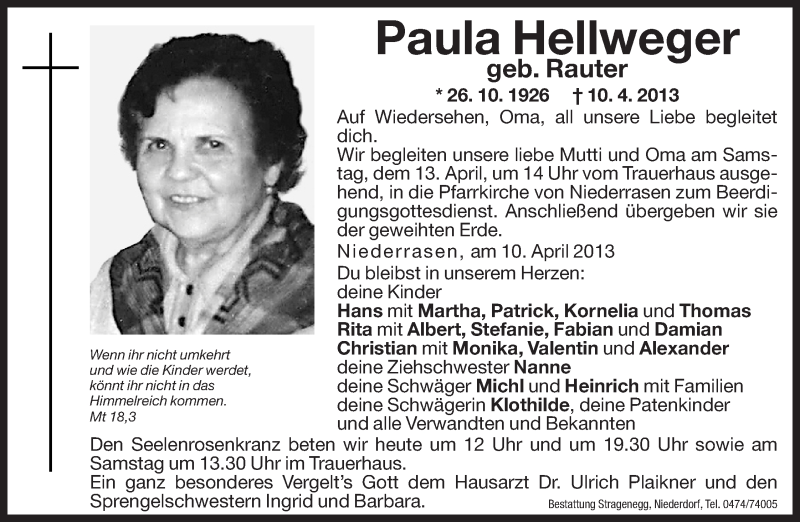  Traueranzeige für Paula Hellweger vom 12.04.2013 aus Dolomiten