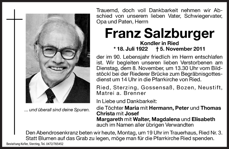  Traueranzeige für Franz Salzburger vom 07.11.2011 aus Dolomiten