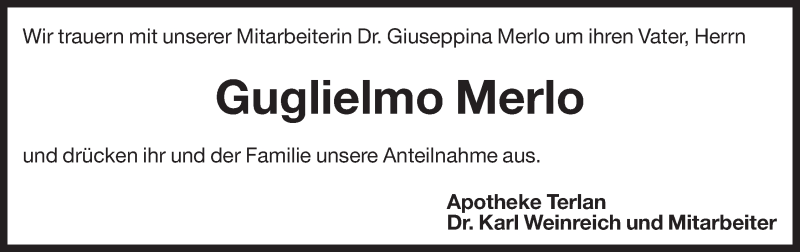  Traueranzeige für Guglielmo Merlo vom 22.01.2014 aus Dolomiten