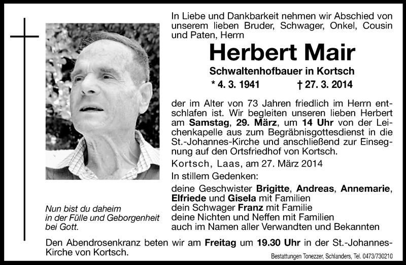  Traueranzeige für Herbert Mair vom 28.03.2014 aus Dolomiten