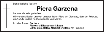 Traueranzeige von Piera Garzena von Dolomiten