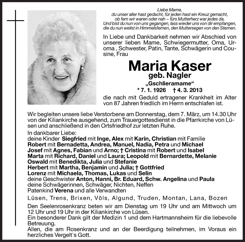  Traueranzeige für Maria Kaser vom 05.03.2013 aus Dolomiten