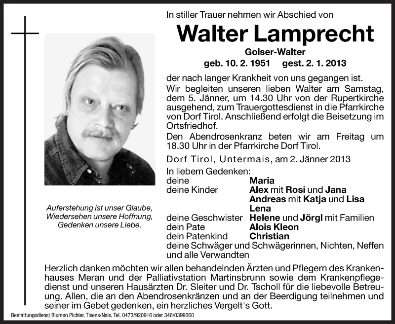  Traueranzeige für Walter Lamprecht vom 04.01.2013 aus Dolomiten