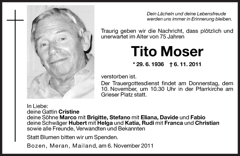  Traueranzeige für Tito Moser vom 08.11.2011 aus Dolomiten