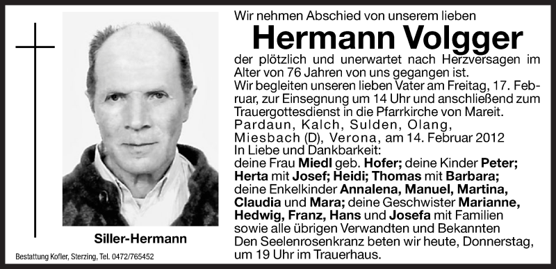  Traueranzeige für Hermann Volgger vom 16.02.2012 aus Dolomiten