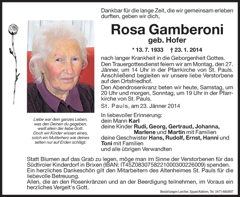  Traueranzeige für Rosa Gamberoni vom 25.01.2014 aus Dolomiten