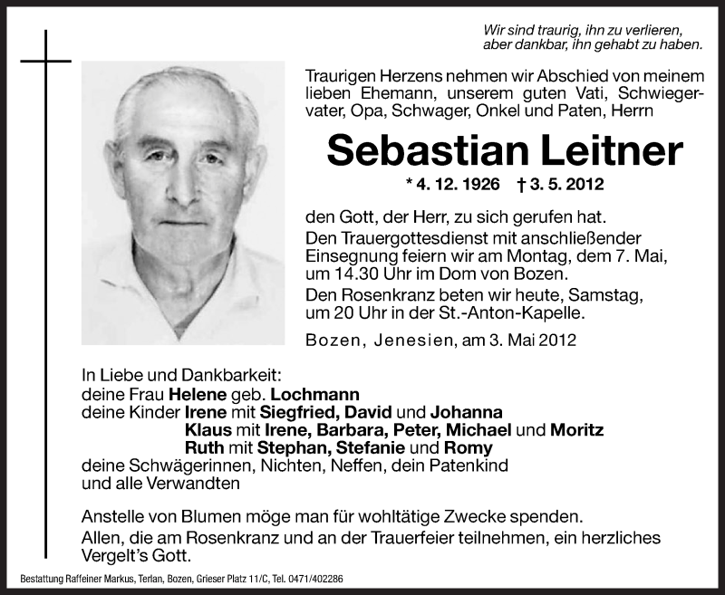  Traueranzeige für Sebastian Leitner vom 05.05.2012 aus Dolomiten