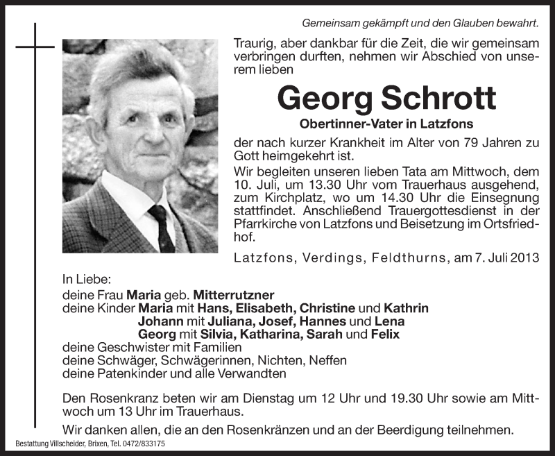  Traueranzeige für Georg Schrott vom 09.07.2013 aus Dolomiten