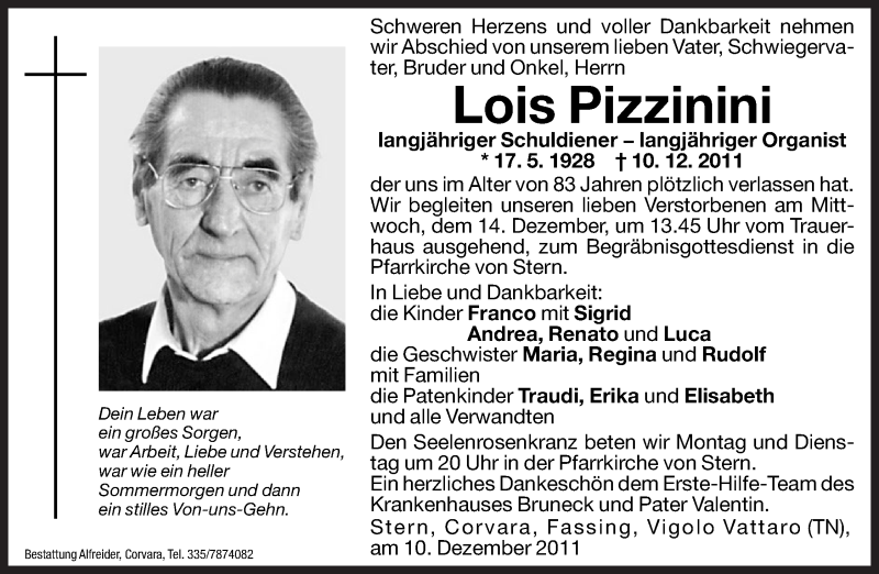  Traueranzeige für Lois Pizzinini vom 12.12.2011 aus Dolomiten