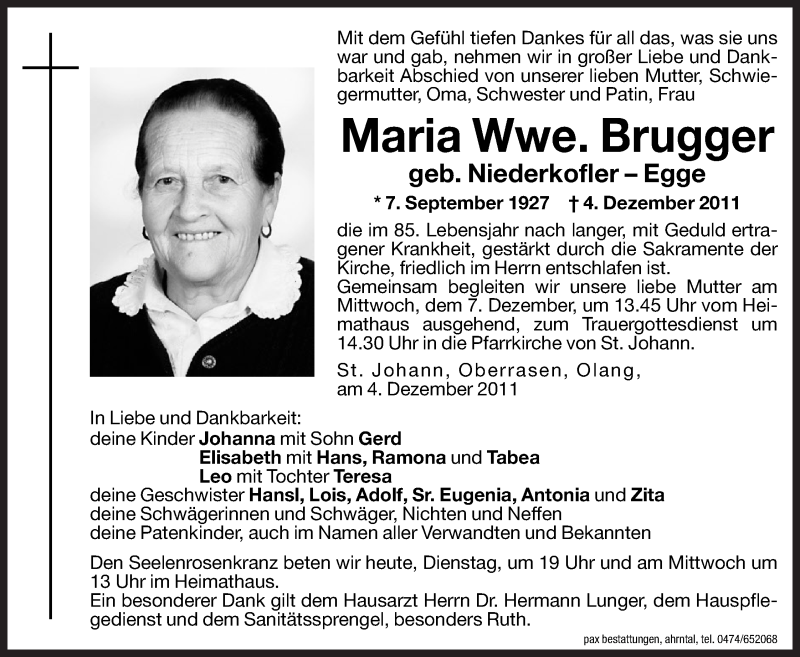  Traueranzeige für Maria Brugger vom 06.12.2011 aus Dolomiten