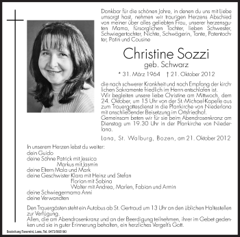 Traueranzeige von Christine Sozzi von Dolomiten