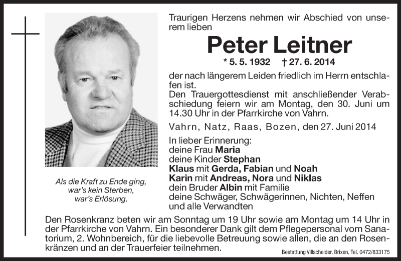  Traueranzeige für Peter Leitner vom 28.06.2014 aus Dolomiten