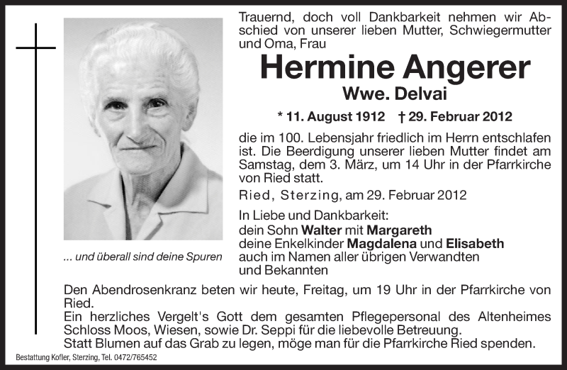  Traueranzeige für Hermine Angerer vom 02.03.2012 aus Dolomiten